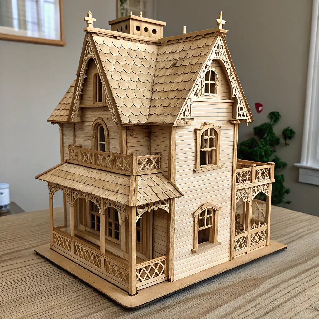 Wooden dollhouse with intricate details